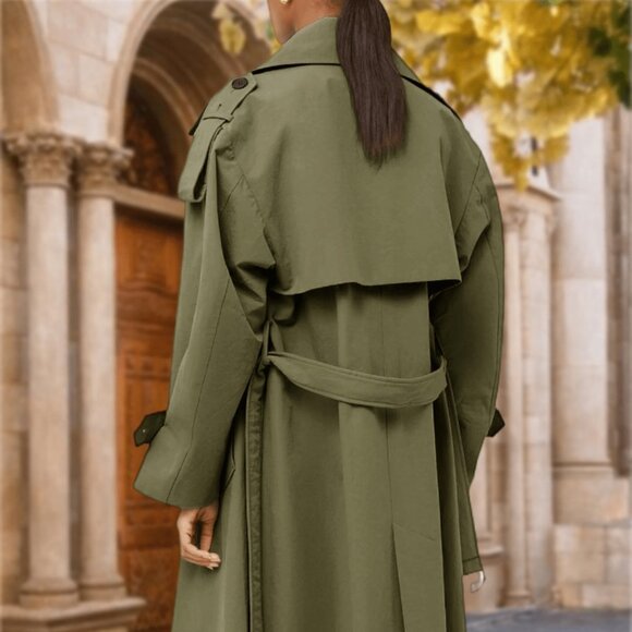 Green Casual Women's Oversized Belted Long Trench Coat - Picture 2 of 5
